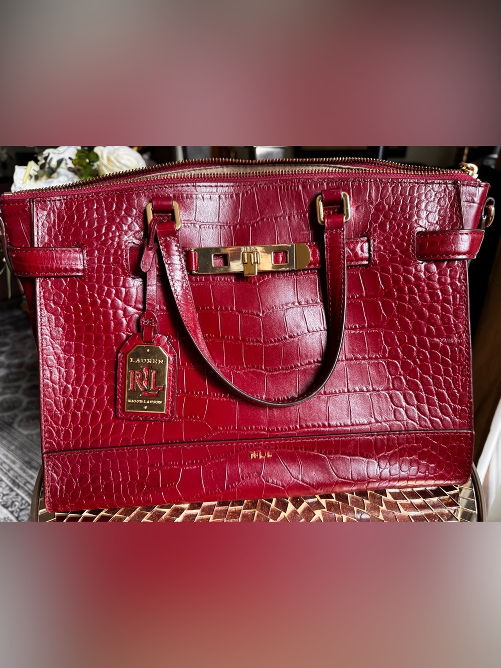 Lauren Ralph Lauren Genuine Leather Crocodile-Embossed Satchel — Wine/Burgundy